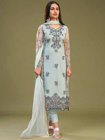 Blue Embroidered Pant Style Suit In Net - Indian Paridhan 