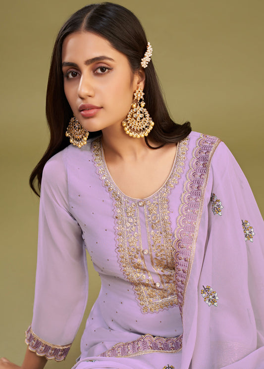 Purple Embroidered Pant Suit In Georgette