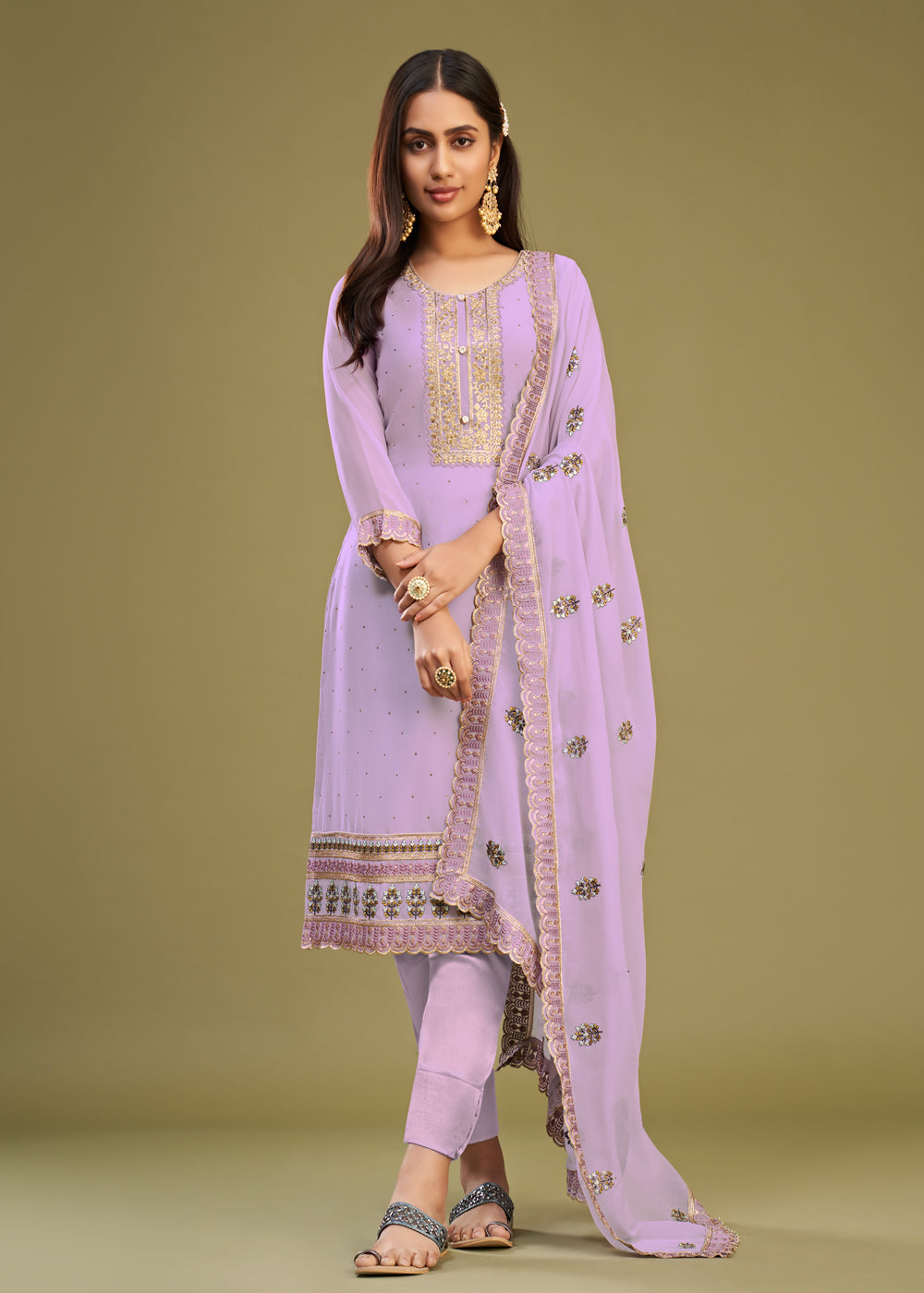 Purple Embroidered Pant Suit In Georgette
