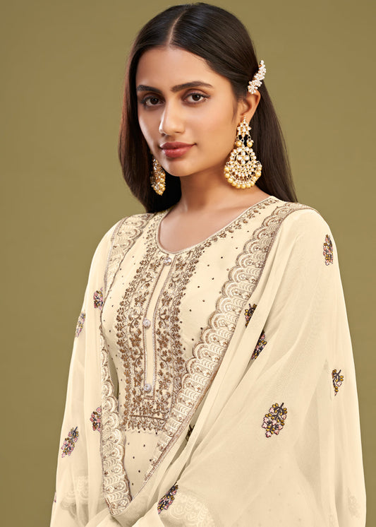 Cream Embroidered Pant Suit In Georgette