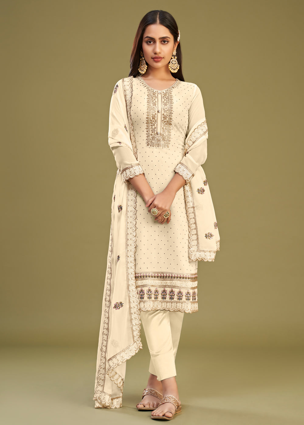 Cream Embroidered Pakistani Salwar Suit In Georgette