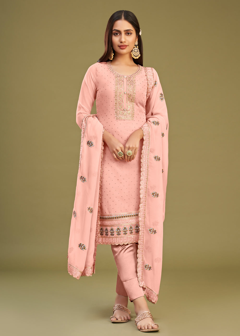 Pakistani Salwar Kameez Online - Pink Embroidered Pant Salwar Suit In Georgette