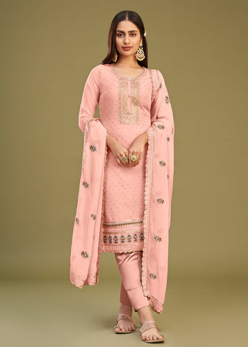 Pakistani Salwar Kameez Online - Pink Embroidered Pant Salwar Suit In Georgette