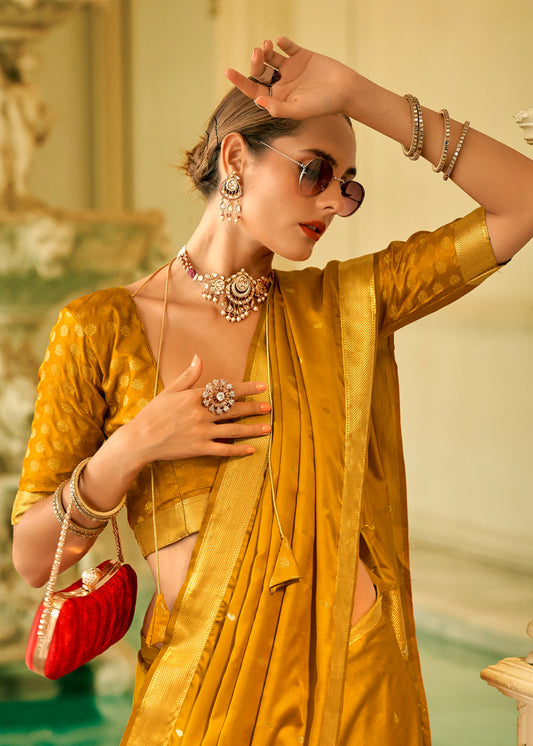Yellow Satin Woven Silk Saree With Blouse