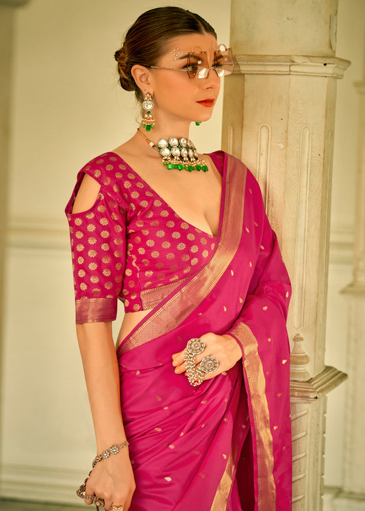 Rani Pink Satin Woven Silk Saree With Blouse