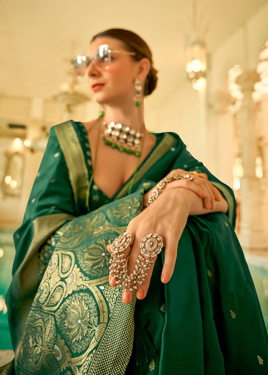 Green Woven Silk Saree In Satin With Blouse
