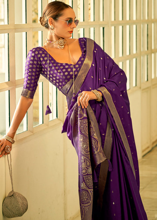 Purple Satin Woven Silk Saree With Blouse