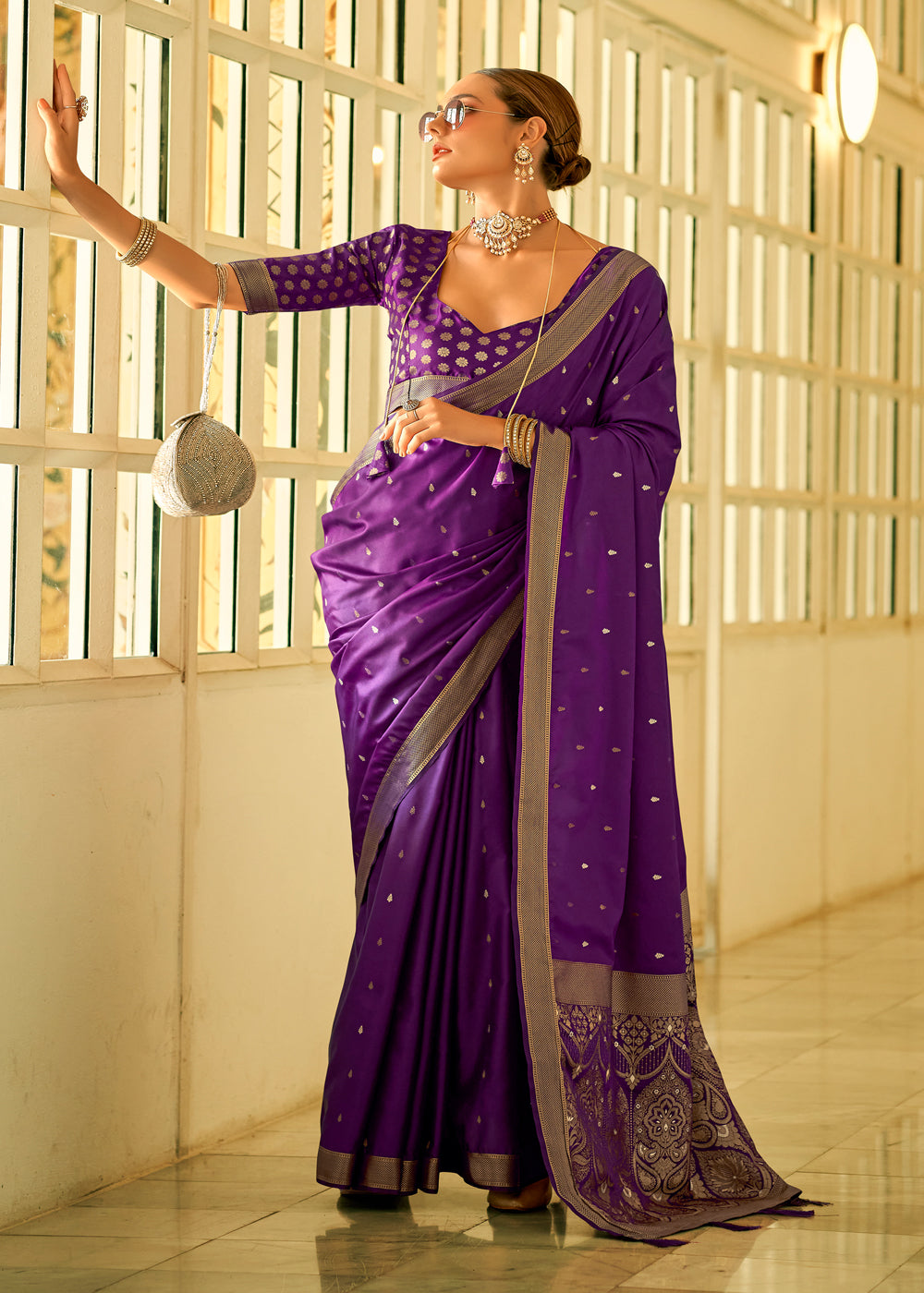 Purple Satin Woven Silk Party Wear Saree Online USA