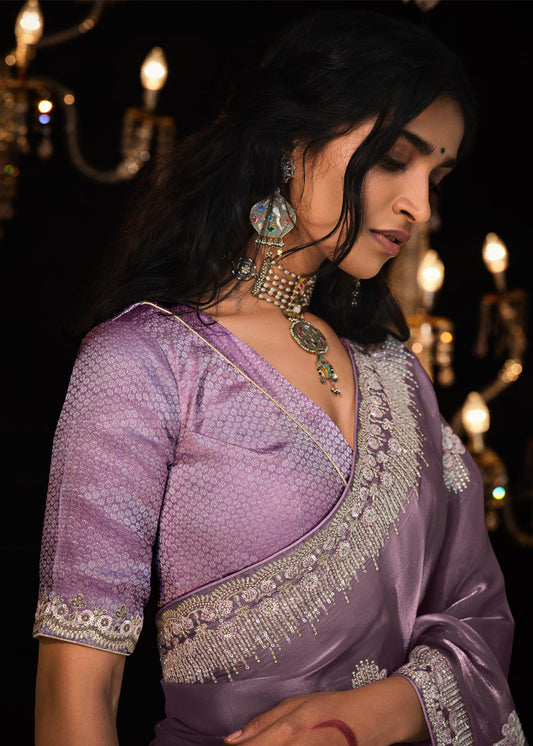 Lilac Zari Embroidered Saree In Tissue Silk