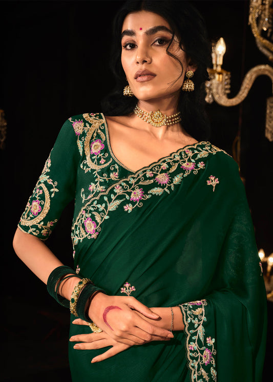 Dark Green Thread Embroidered Saree In Silk
