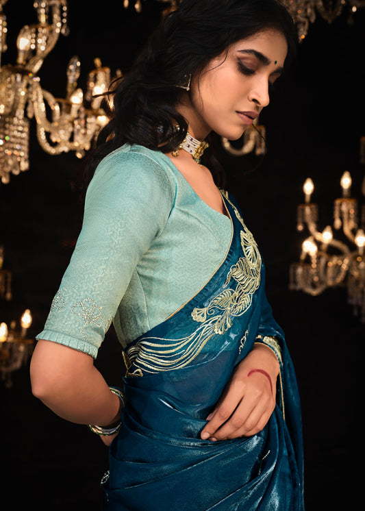 Blue Thread Embroidered Saree In Tissue Silk