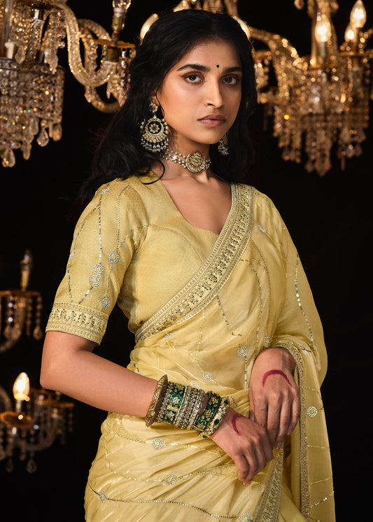 Yellow Zari Embroidered Saree In Tissue Silk