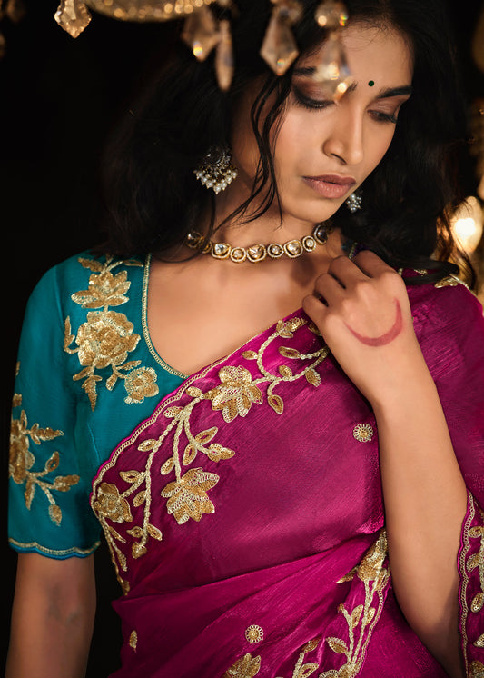 Rani Pink Heavy Embroidered Saree In Silk