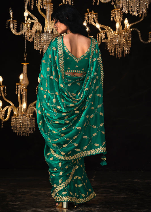 Green Zari Embroidered Saree In Silk