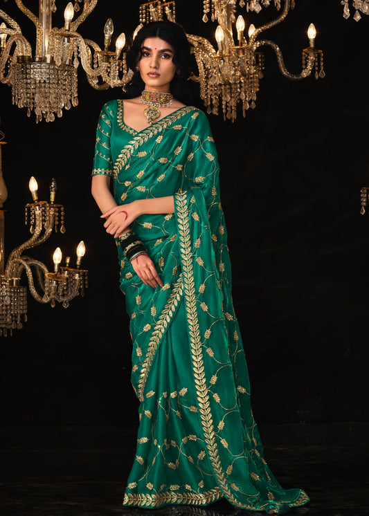 Green Zari Embroidered Saree In Silk - Indian wedding dresses USA