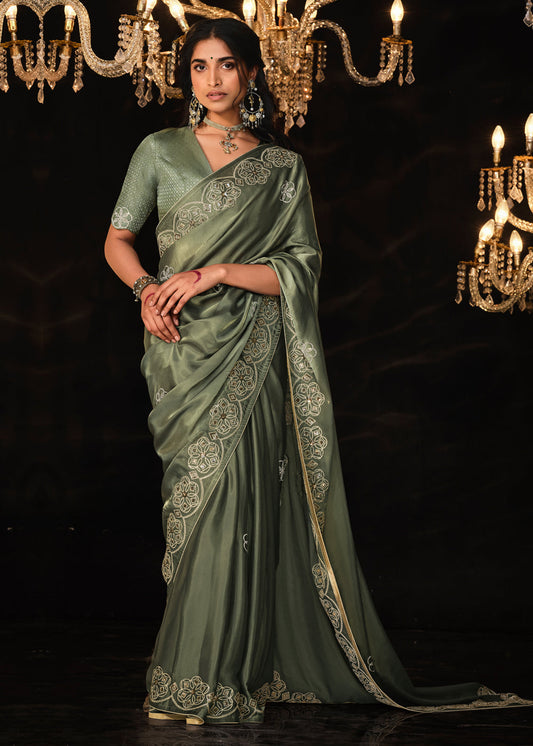 Green Zari Embroidered Saree In Silk- Indian wedding dresses USA