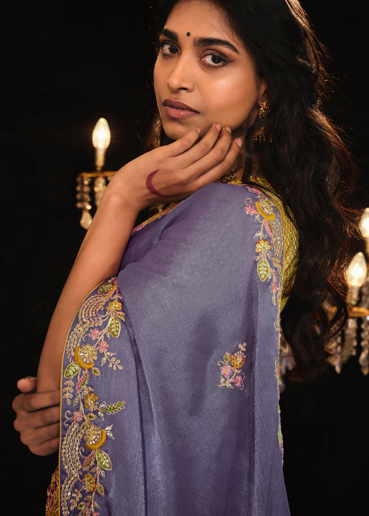 Purple Embroidered Saree In Shimmer Silk