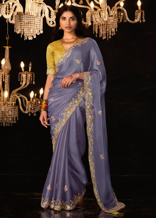 Purple Embroidered Saree In Shimmer Silk - Indian wedding clothes 
