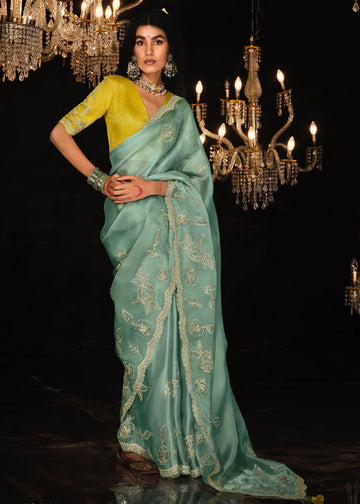 Indian wedding clothing - Sea Blue Organza Embroidered Indian Saree