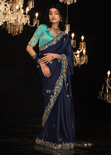 Navy Blue Embroidered Party Wear Saree - Indian Wedding Dresses Online USA
