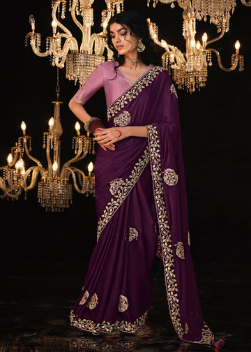 Indian wedding outfits - Magenta Embroidered Saree In Tissue Silk