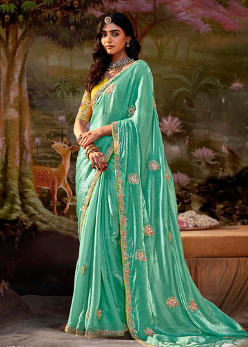 Aqua Blue Embroidered Chiffon Saree - Indian Paridhan 