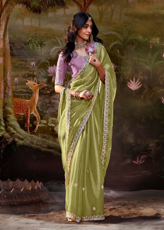Green Sequin Embroidered Party Wear Saree - Indian Paridhan 