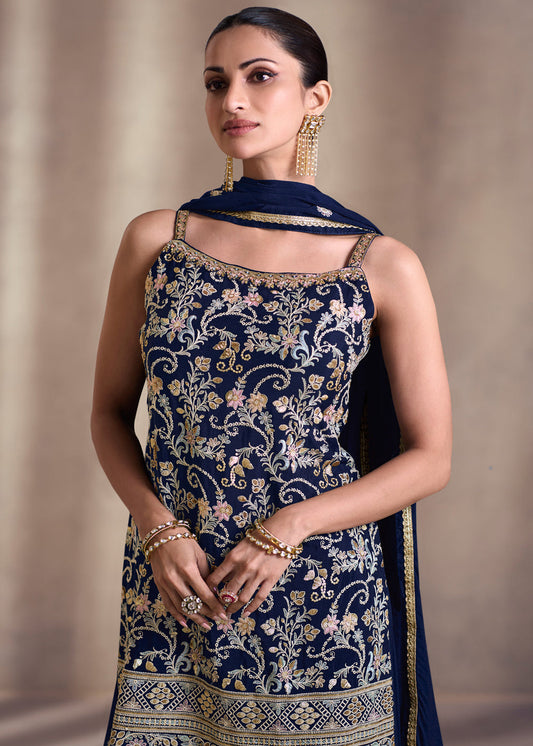 Navy Blue Palazzo Style Suit In Georgette