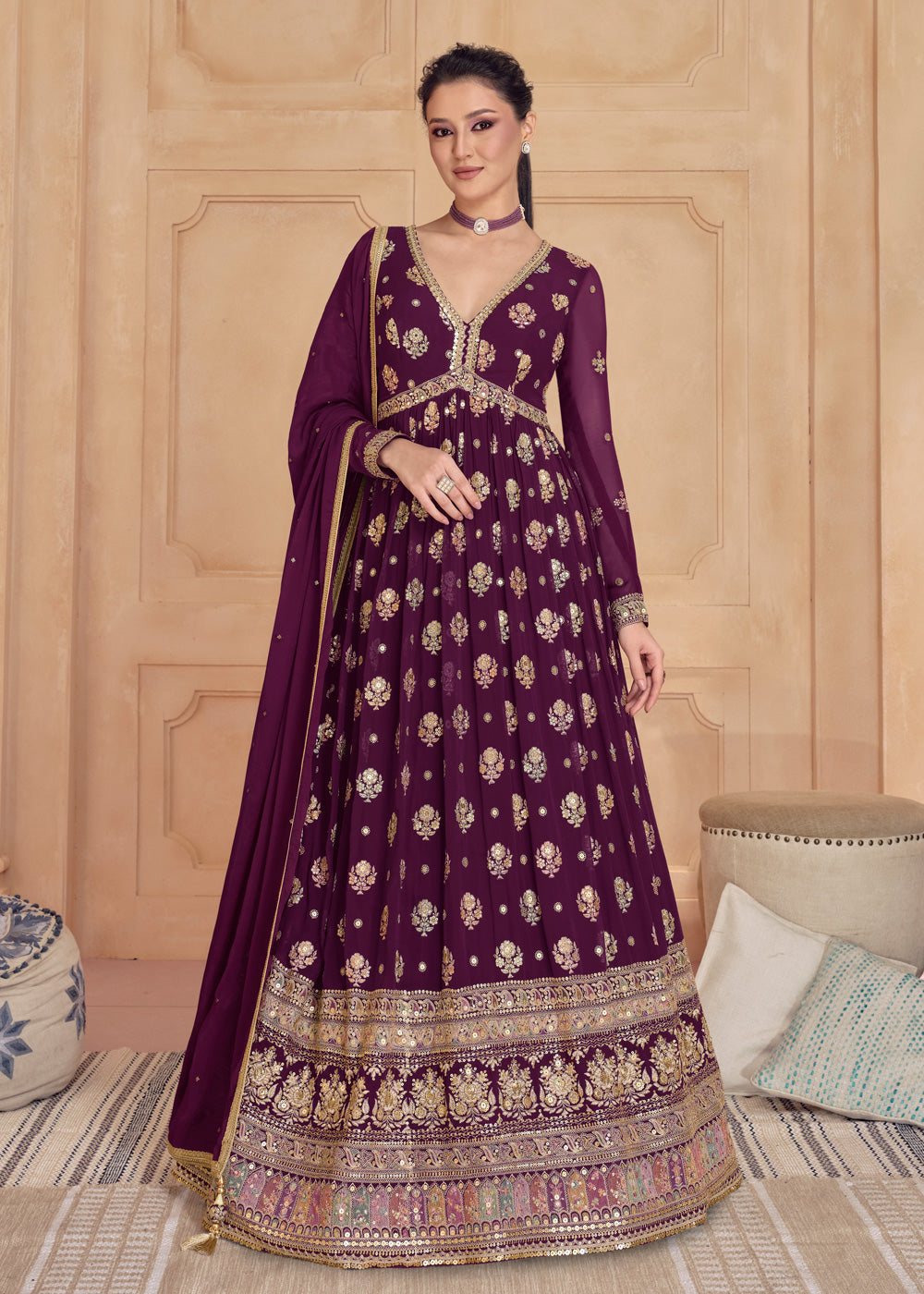 Indian Wedding Dresses - Wine Anarkali Style Suit In Georgette