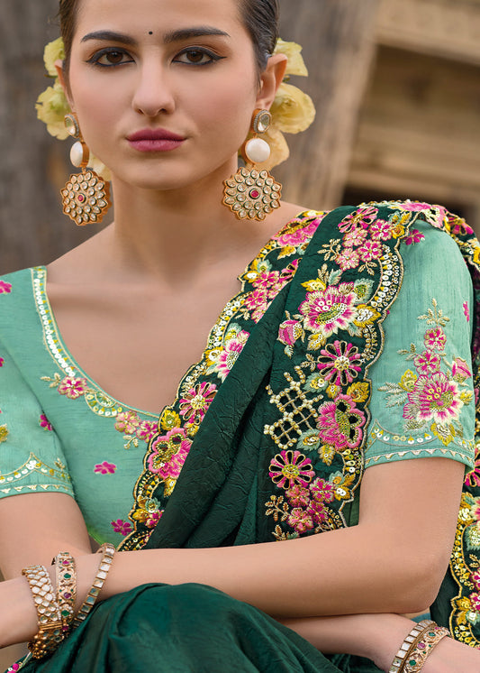 Dark Green Embroidered Bridal Saree