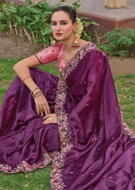 Magenta Silk Embroidered Saree With Blouse