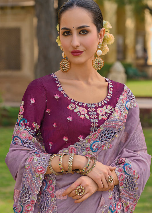 Levender Silk Embroidered Bridal Saree