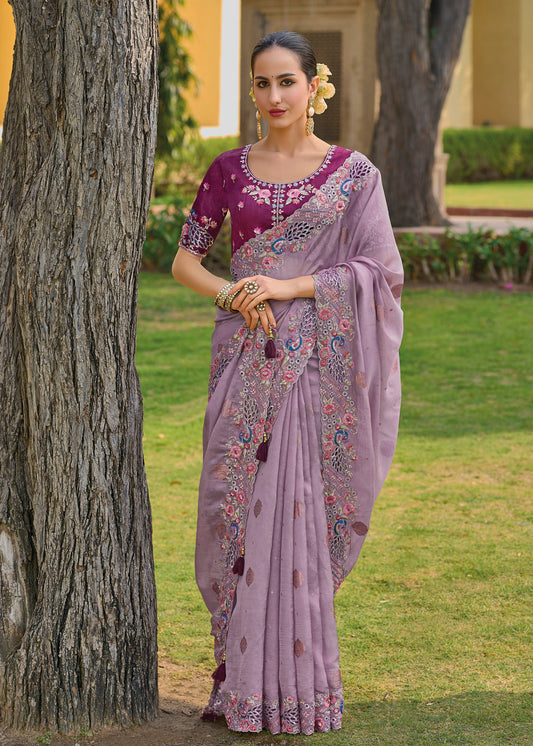 Levender Silk Embroidered Bridal Buy Stone Work Sarees Online