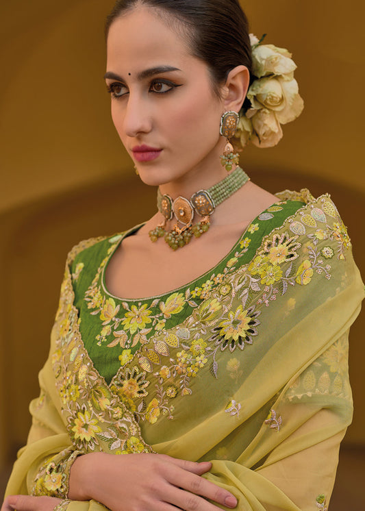 Lime Yellow Embroidered Saree With Blouse