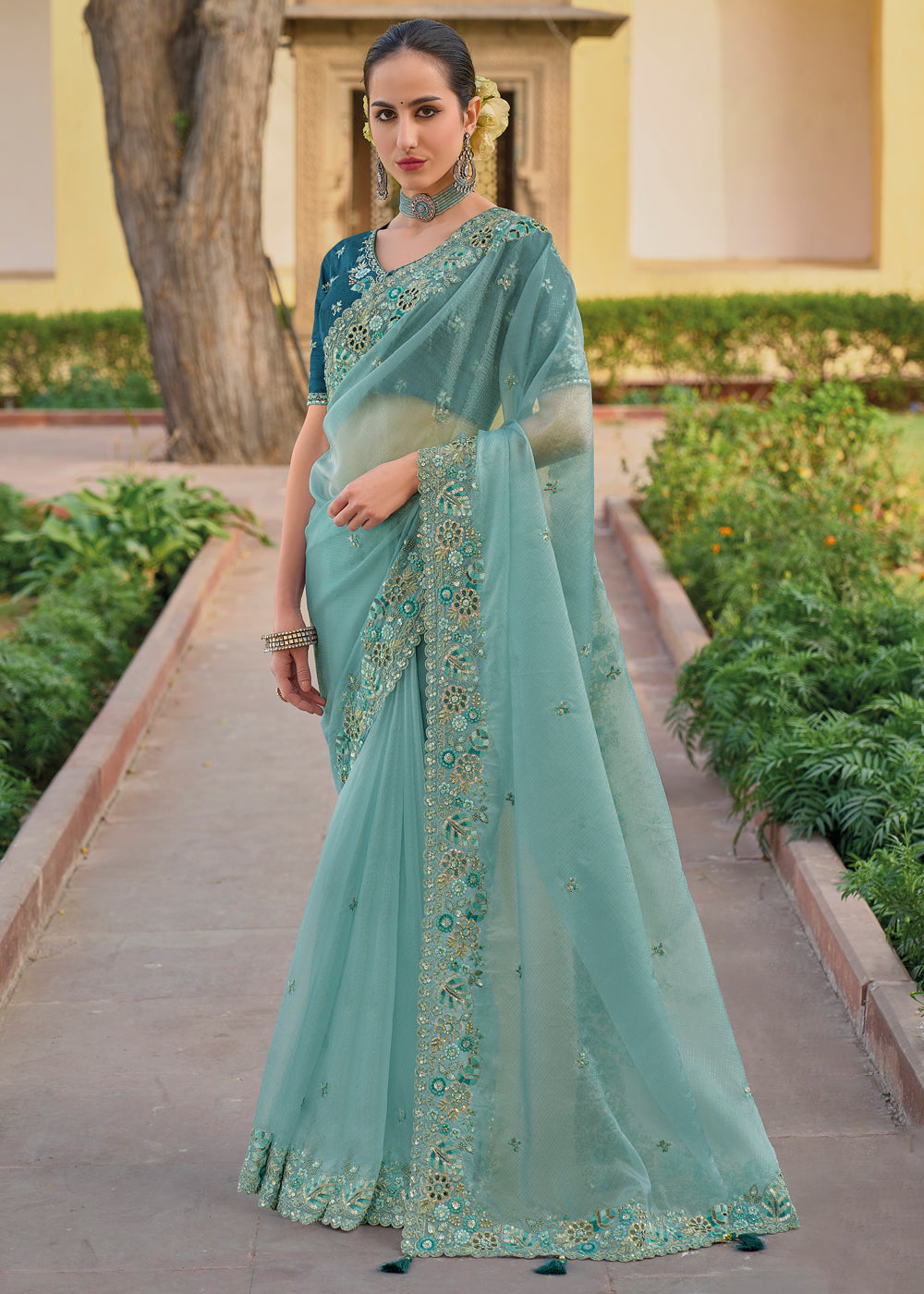 Indian wedding clothing - Sea Blue Embroidered Organza Saree