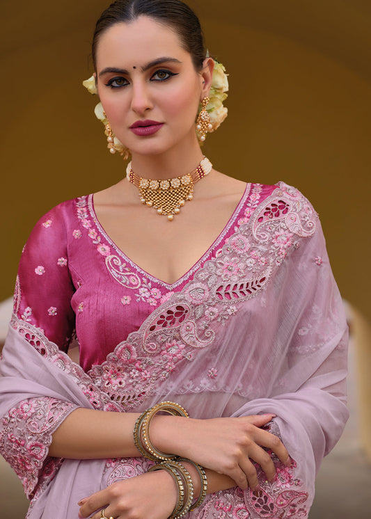 Light Pink Embroidered Organza Bridal Saree