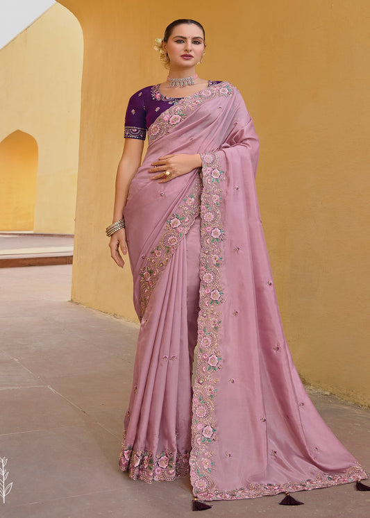 Levender Embroidered Stone Work Saree With Blouse