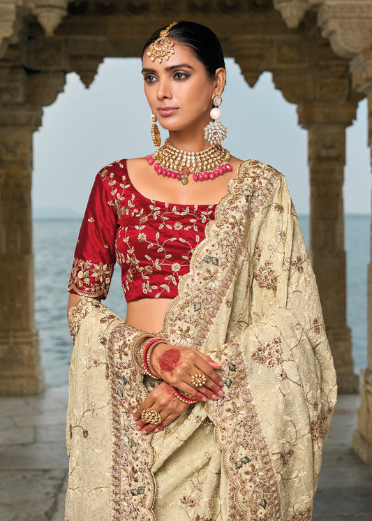 Cream Heavy Work Wedding Saree In Silk