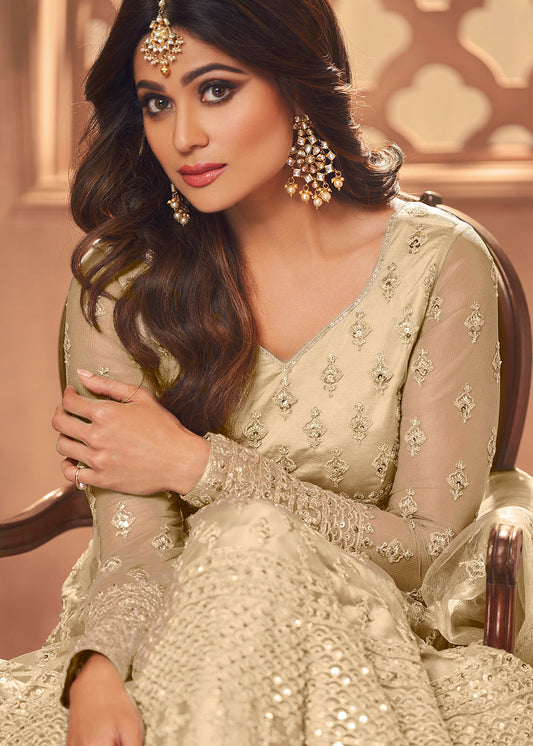 Beige Zari Embroidered Bridal Anarkali Suit