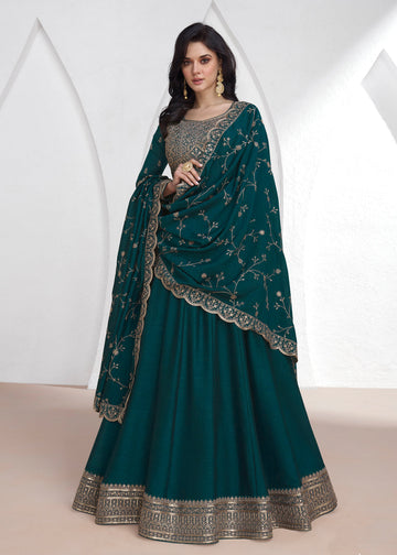 Teal Blue Zari Embroidered Anarkali Suit  - Indian wedding outfits USA