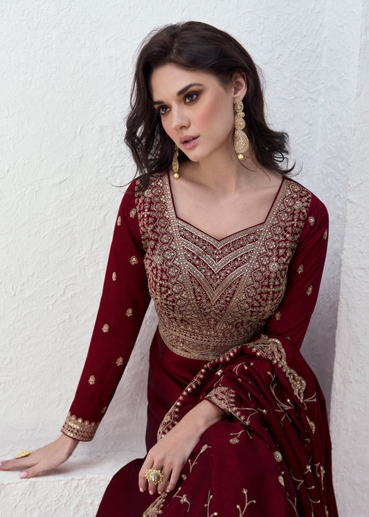Maroon Zari Embroidered Anarkali Salwar Suit