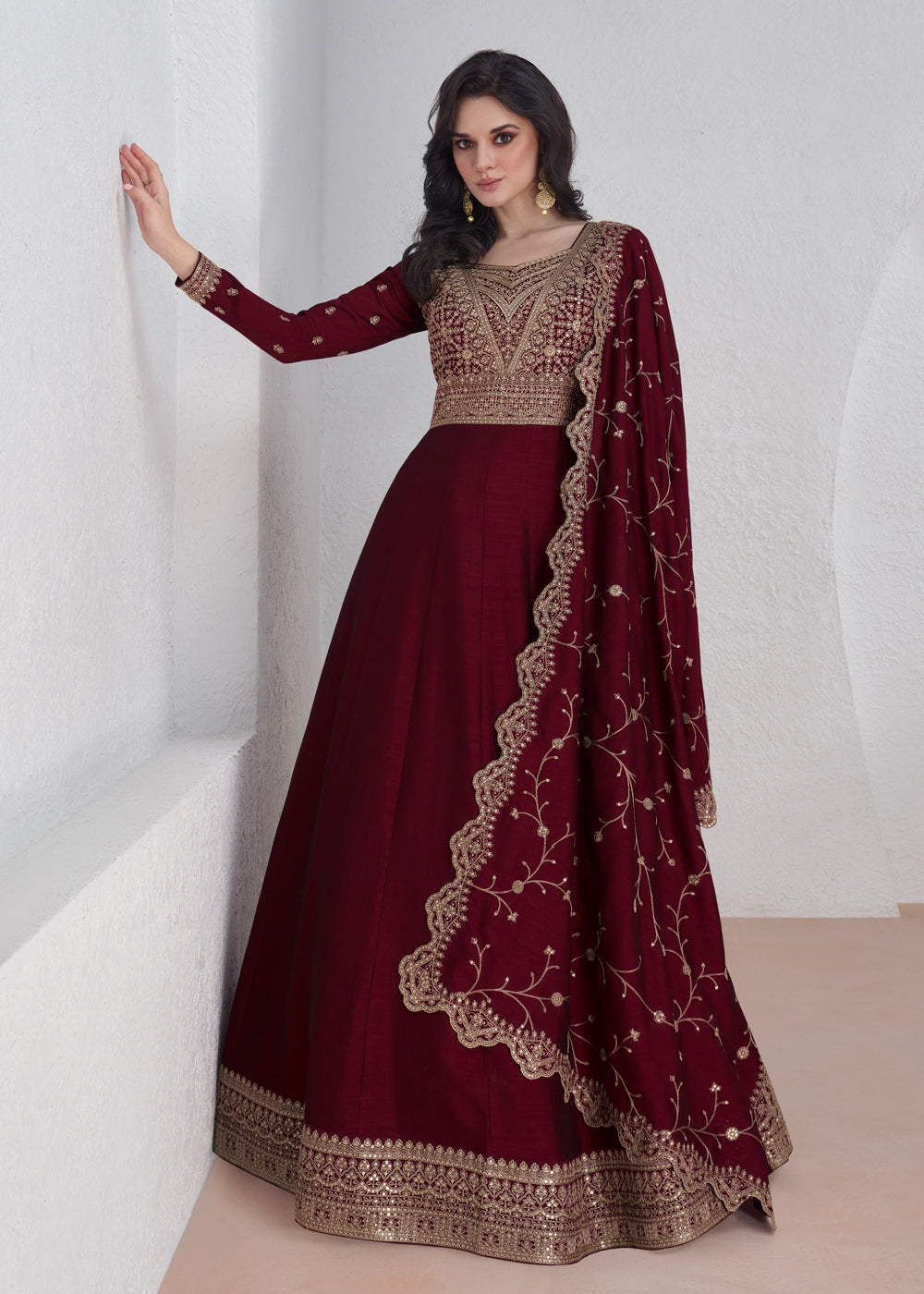 Indian wedding dresses USA - Maroon Zari Embroidered Anarkali Salwar Suit