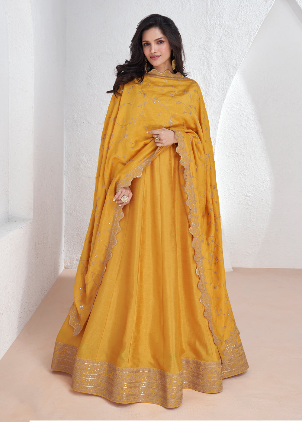 Yellow Heavy Embroidered Anarkali Salwar Suit - Indian Wedding Dresses USA