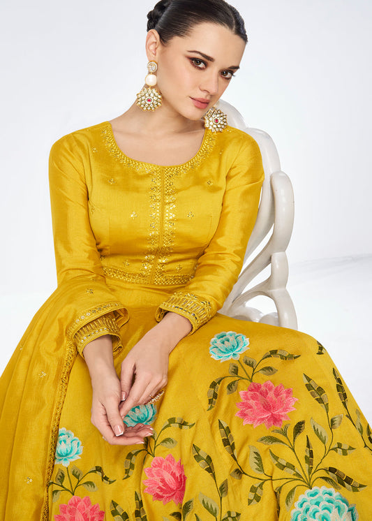 Yellow Digital Printed Anarkali Suit In Silk