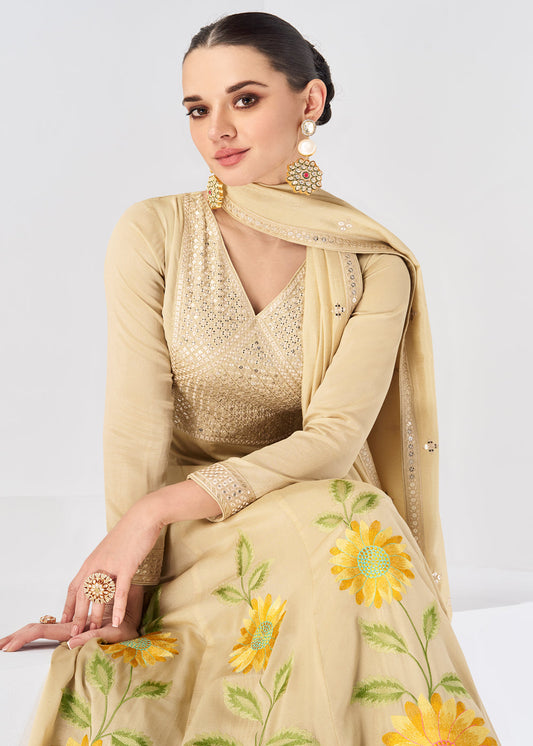 Cream Digital Printed Anarkali Suit In Silk