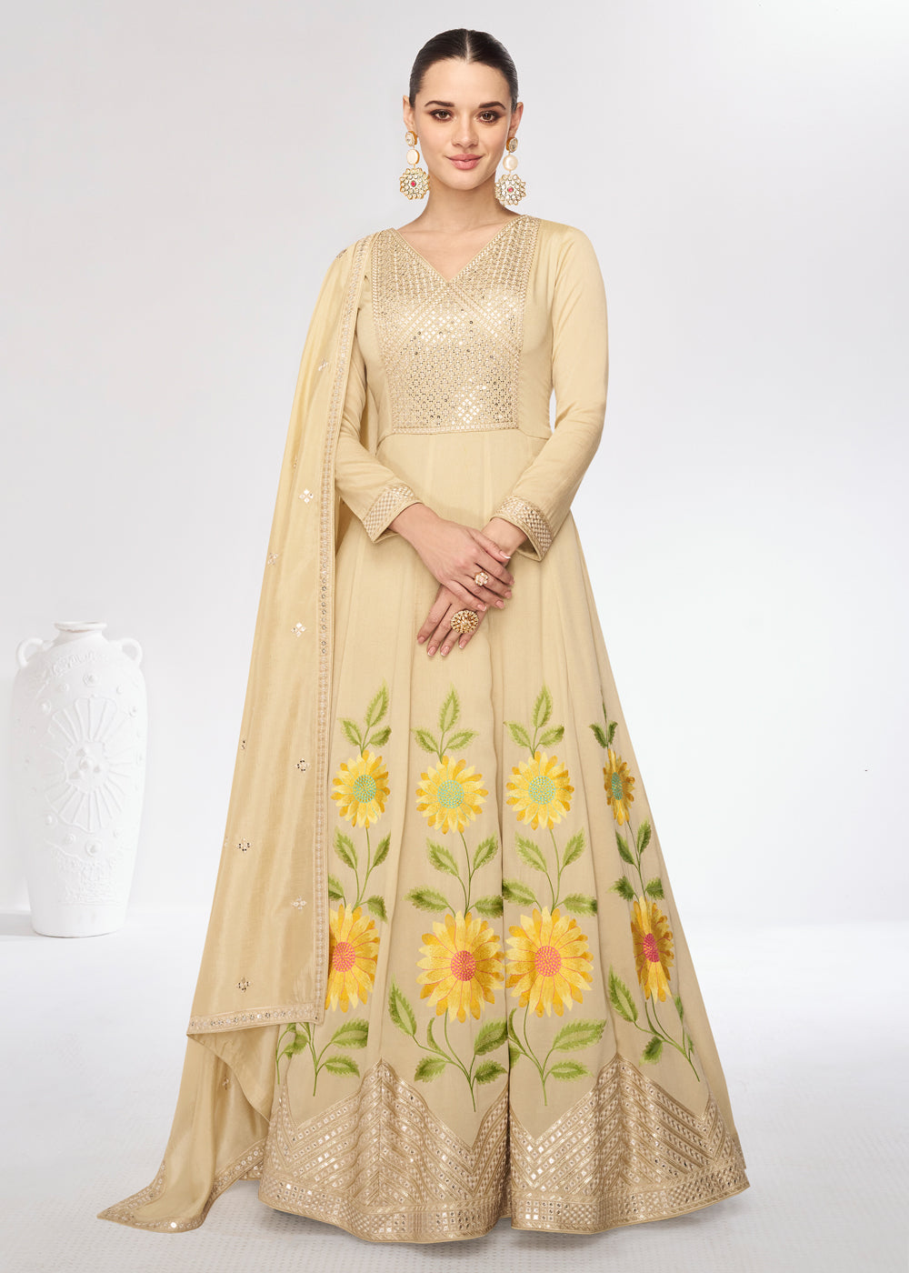 Cream Digital Printed Anarkali Suit In Silk