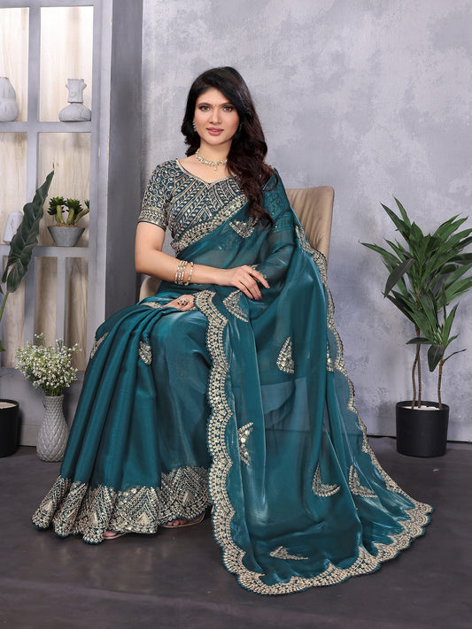 Teal Blue Sequin Embroidered Party Wear Saree
