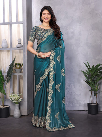Teal Blue Sequin Embroidered Party Wear Saree