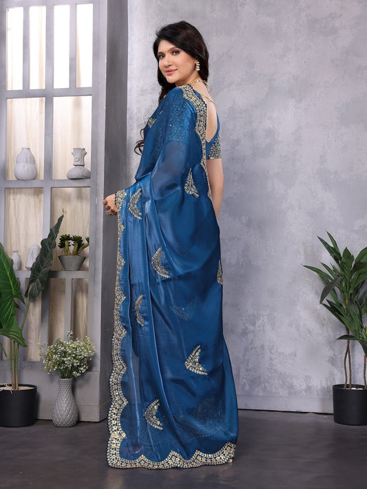 Royal Blue Zari Embroidered Party Wear Saree