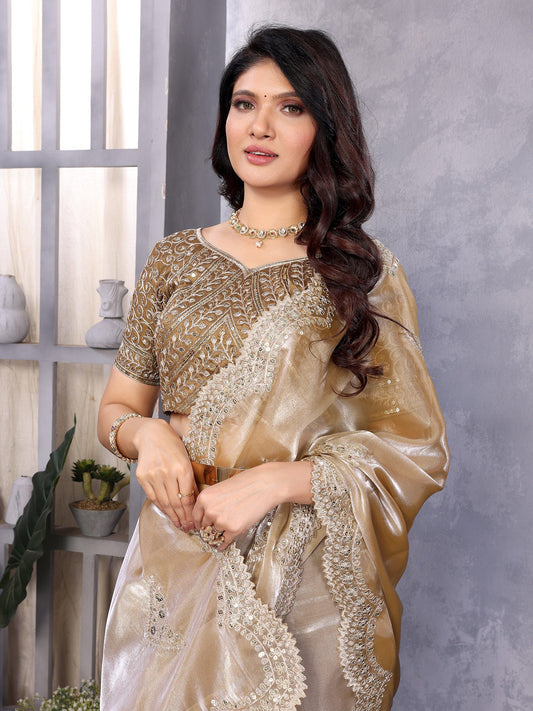 Beige Zari Sequin Embroidered Party Wear Saree